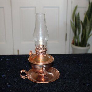 VINTAGE Hilco COPPER Colored  OIL LAMP CHAMBERSTICK W/GLASS SHADE 7.5” HONG KONG